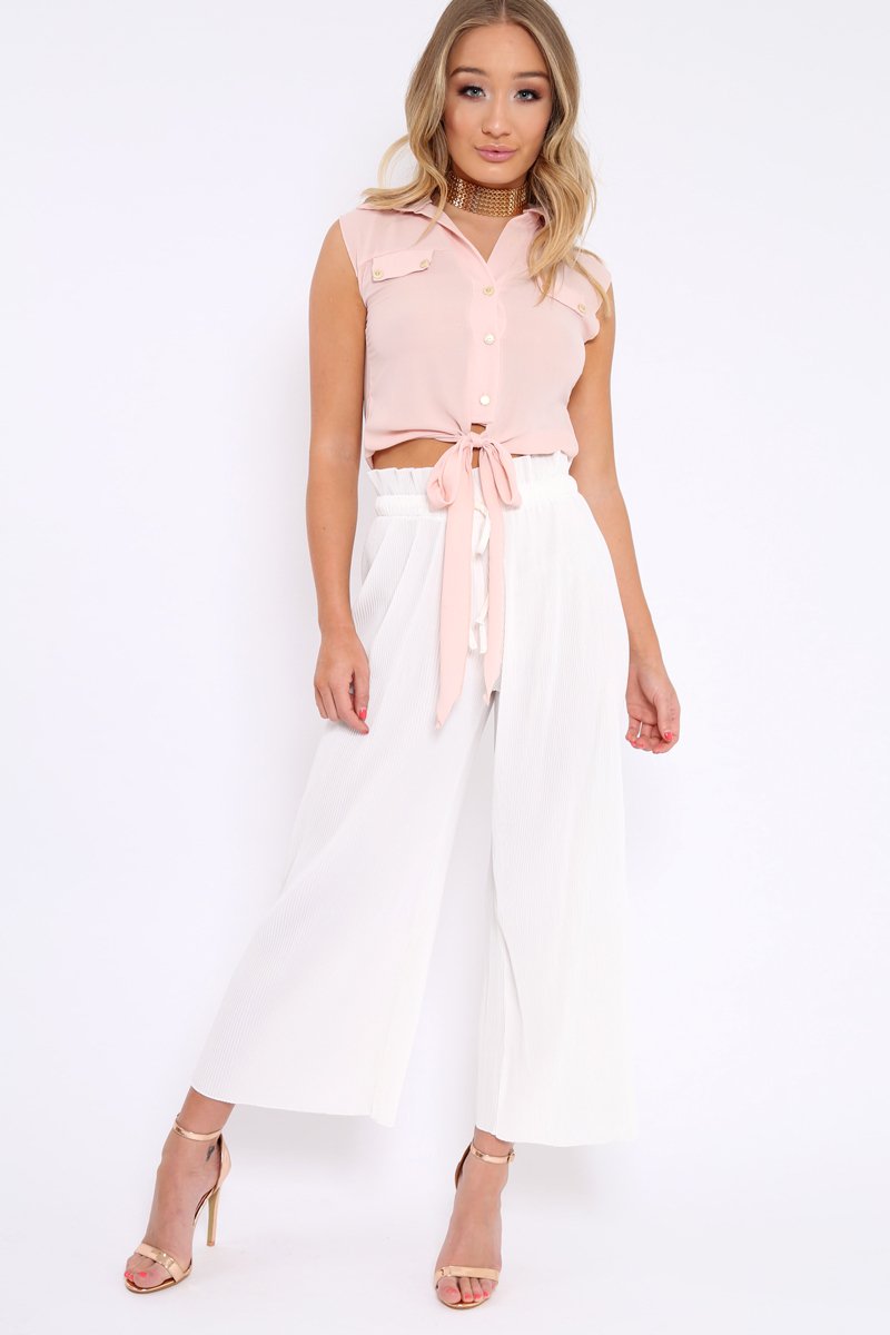 Nude Sleeveless Tie at Front Blouse - Crista-Blouse