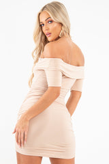 Nude Slinky Ruched Bardot Mini Dress - Sicily-Dresses