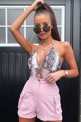 Nude Snake Mesh Plunge Bodysuit - Cecillia-Bodysuits