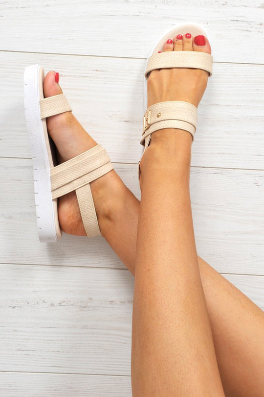 Nude Snake Print Gold Buckle Sandals - Jeanelle
