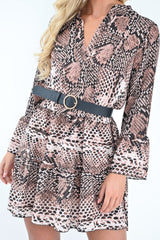 Nude Snake Print Plunge Flute Sleeve Shift Dress - Olesya-Dresses