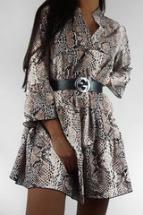 Nude Snake Print Plunge Flute Sleeve Shift Dress - Olesya-Dresses