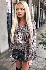 Nude Snake Print Plunge Flute Sleeve Shift Dress - Olesya-Dresses