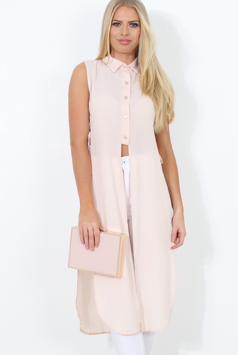 Nude Split Detail Longline Shirt - Eva-Dresses