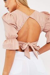 Nude Square Neck Open Back Crop Top - Faisa-Crop Tops