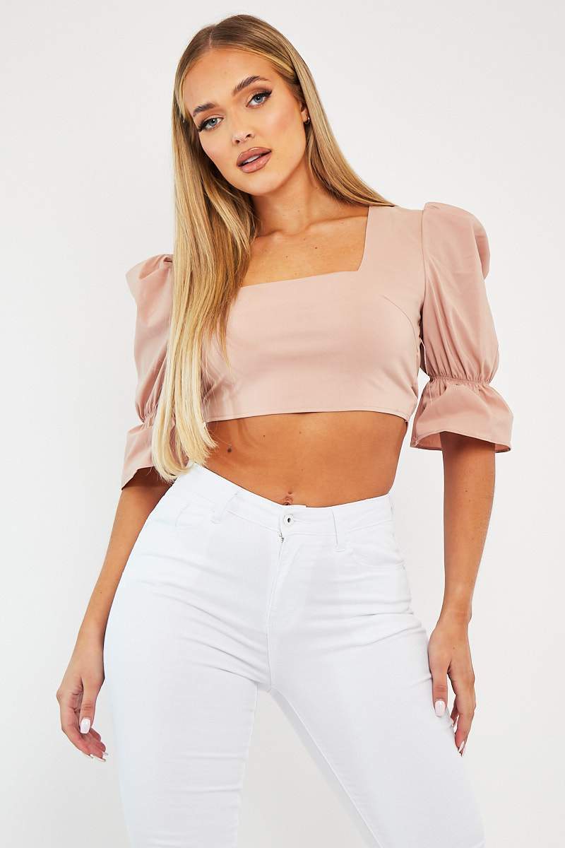 Nude Square Neck Open Back Crop Top - Faisa-Crop Tops