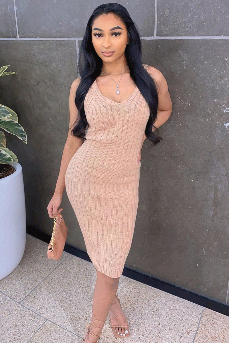 Nude Strappy Knit Midi Dress - Graciella Nude Strappy Knit Midi Dress - Graciella
