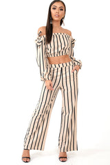 Nude Stripe Bardot Crop Top And Wide Leg Trousers Co-ord - Shiori-Co-ords