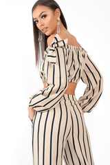 Nude Stripe Bardot Crop Top And Wide Leg Trousers Co-ord - Shiori-Co-ords