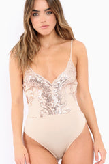 Nude Sweetheart Bodysuit with Sequins - Rena-Bodysuits