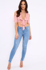 Nude Tie Front Cold Shoulder Crepe Crop Top - Dalia-Crop Tops