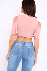 Nude Tie Front Cold Shoulder Crepe Crop Top - Dalia-Crop Tops