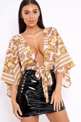 Nude Tie Front Kimono Sleeve Scarf Print Top - Perel-Tops
