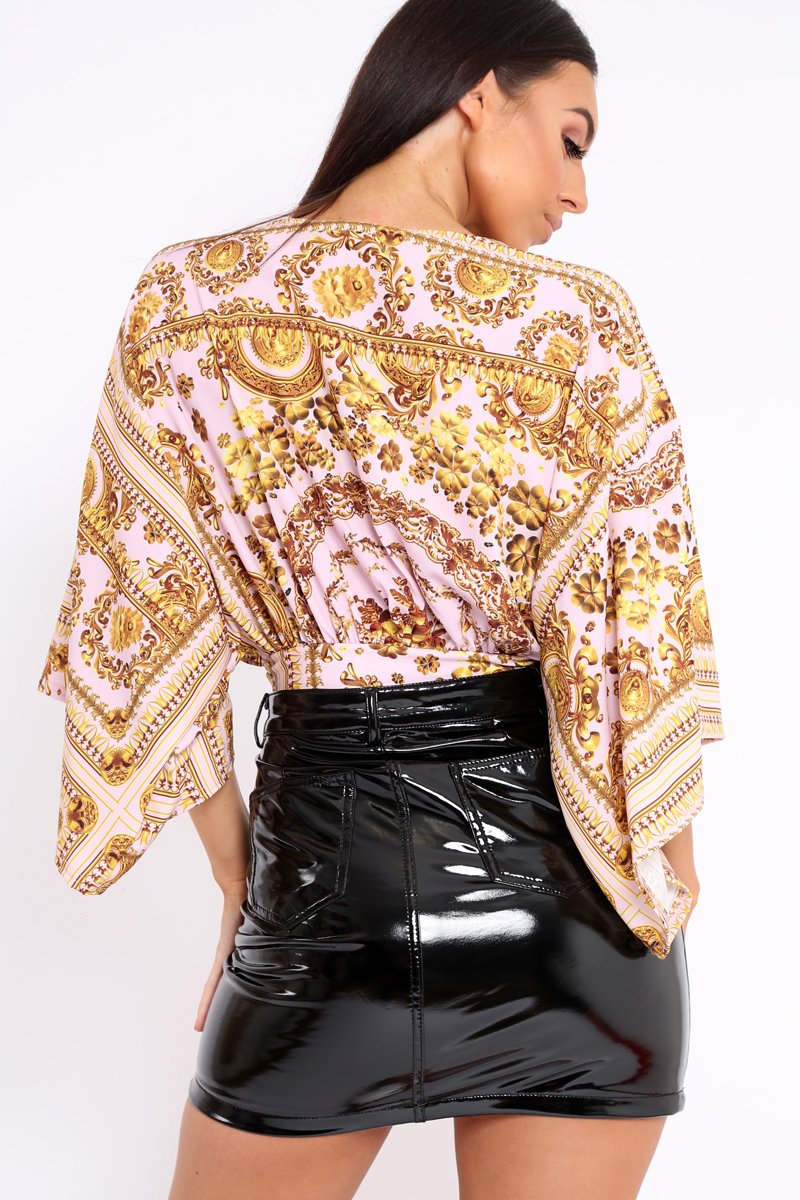 Nude Tie Front Kimono Sleeve Scarf Print Top - Perel-Tops