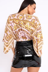 Nude Tie Front Kimono Sleeve Scarf Print Top - Perel-Tops