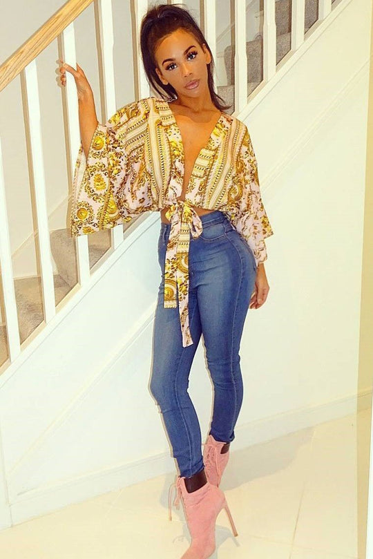 Nude Tie Front Kimono Sleeve Scarf Print Top - Perel