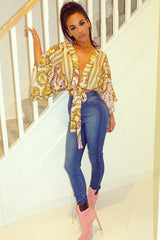 Nude Tie Front Kimono Sleeve Scarf Print Top - Perel-Tops