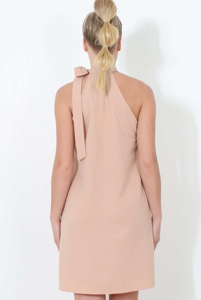Nude Tie Neck Detail Shift Dress-FEYE-Dresses