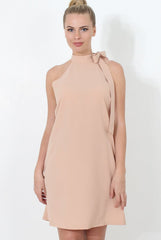 Nude Tie Neck Detail Shift Dress-FEYE-Dresses