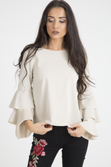 Nude Triple Frill Sleeve Top - Clara-Tops