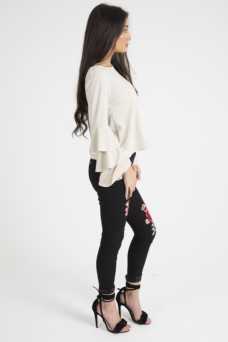 Nude Triple Frill Sleeve Top - Clara-Tops