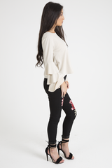 Nude Triple Frill Sleeve Top - Clara-Tops