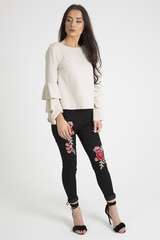 Nude Triple Frill Sleeve Top - Clara-Tops