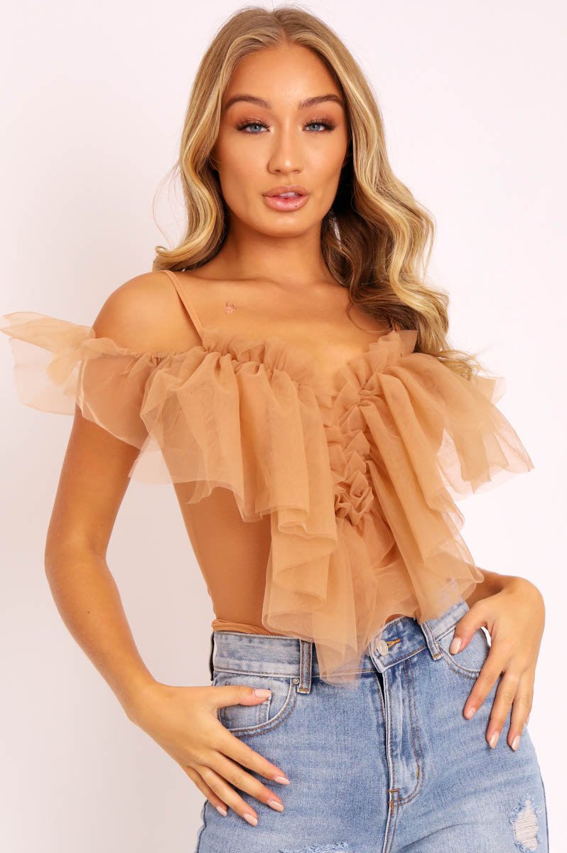 Nude Tulle Ruffle Bodysuit - Irelia-Bodysuits
