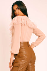 Nude Tulle Ruffle Plunge Bodysuit - Jolie-Bodysuits