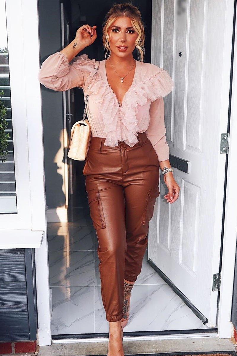 Nude Tulle Ruffle Plunge Bodysuit - Jolie-Bodysuits