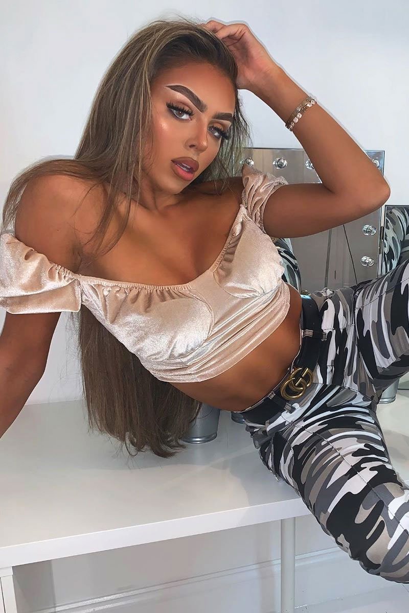 Nude Velvet Puff Sleeve Milkmaid Crop Top - Erina-Crop Tops