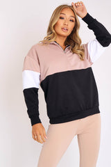 Nude White Black Stripe Zip Front Hoodie - Tyra-Hoodies