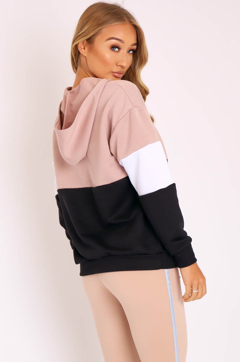 Nude White Black Stripe Zip Front Hoodie - Tyra-Hoodies