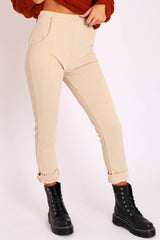 Nude White Stripe Tapered Pocket Detail Trousers - Priyah-Trousers