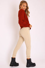 Nude White Stripe Tapered Pocket Detail Trousers - Priyah-Trousers