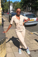 Nude Woven Button Front Belted Jumpsuit - Suzanna-Jumpsuits