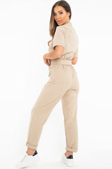 Nude Woven Button Front Belted Jumpsuit - Suzanna-Jumpsuits