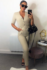 Nude Woven Button Front Belted Jumpsuit - Suzanna-Jumpsuits