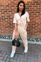 Nude Woven Button Front Belted Jumpsuit - Suzanna-Jumpsuits