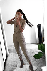 Nude Woven Button Front Belted Jumpsuit - Suzanna-Jumpsuits