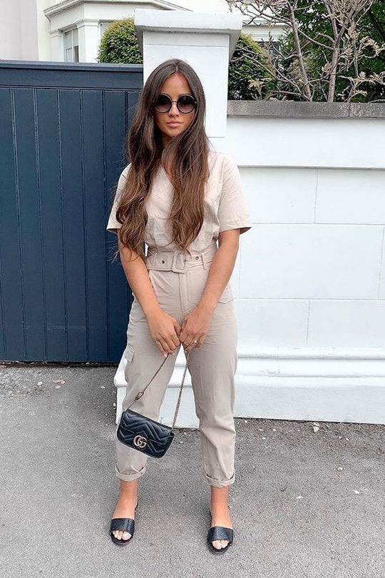 Nude Woven Button Front Belted Jumpsuit - Suzanna