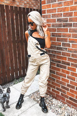 Nude Woven Leather Eyelet Detail Cuffed Dungarees - Sigrid-Jumpsuits