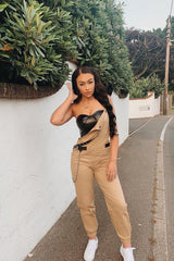 Nude Woven Leather Eyelet Detail Cuffed Dungarees - Sigrid-Jumpsuits