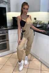 Nude Woven Leather Eyelet Detail Cuffed Dungarees - Sigrid-Jumpsuits