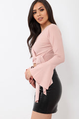 Nude Wrap Over Tie Front Crop Top - Ella-Crop Tops