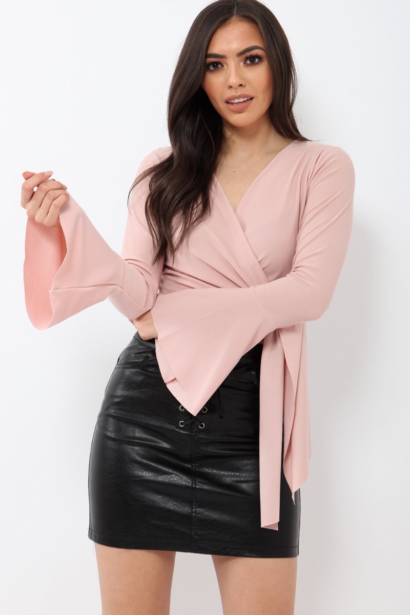 Nude Wrap Over Tie Front Crop Top - Ella-Crop Tops