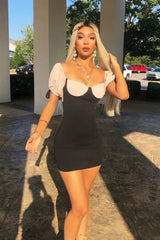 Nude and Black Bow Sleeve Milkmaid Mini Dress - Mylee-Dresses