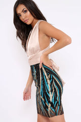 Nude and Sequin Halterneck Dress - Adrianna-Dresses