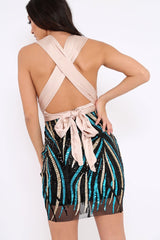 Nude and Sequin Halterneck Dress - Adrianna-Dresses