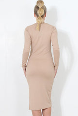 Nude ribbed Zip front midi dress- Kacee-Dresses